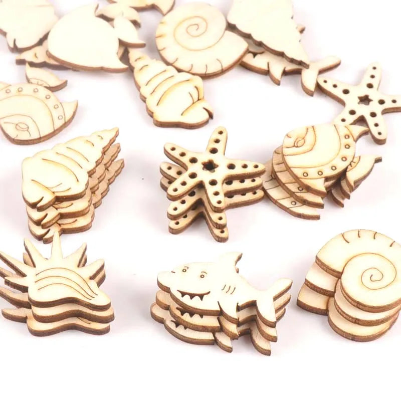 25pcs Wooden Crafts creativity Starfish shells and fish Pattern Scrapbooking Crafts wood decoration for Home Decoration m1806x Qme