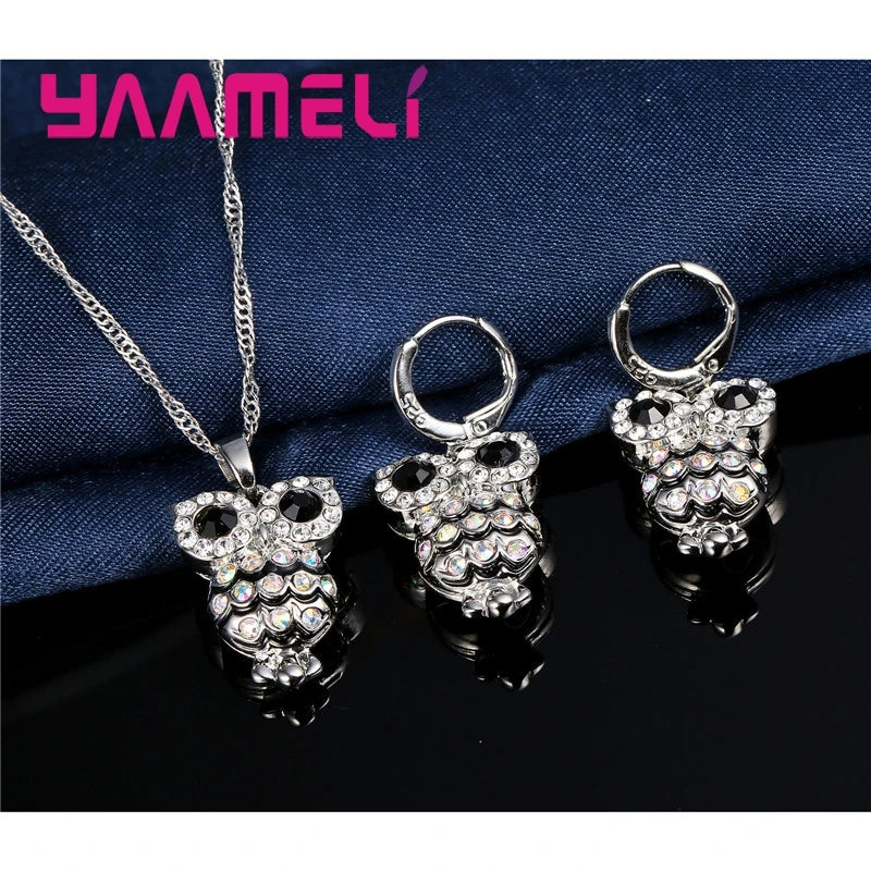 Luxury Women Jewelry Sets Shining 925 Sterling Silver Color Cubic Zircon Retro Night Owl for Girls Gifts Necklace Earrings Qme