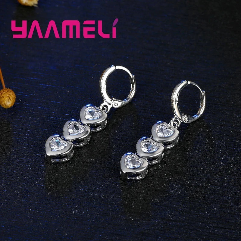 Romantic Gifts Jewelry Sets Shiny 925 Sterling Silver Color CZ Crystal Hearts Cubic Zircon Stones Pendant Necklace Earrings Qme