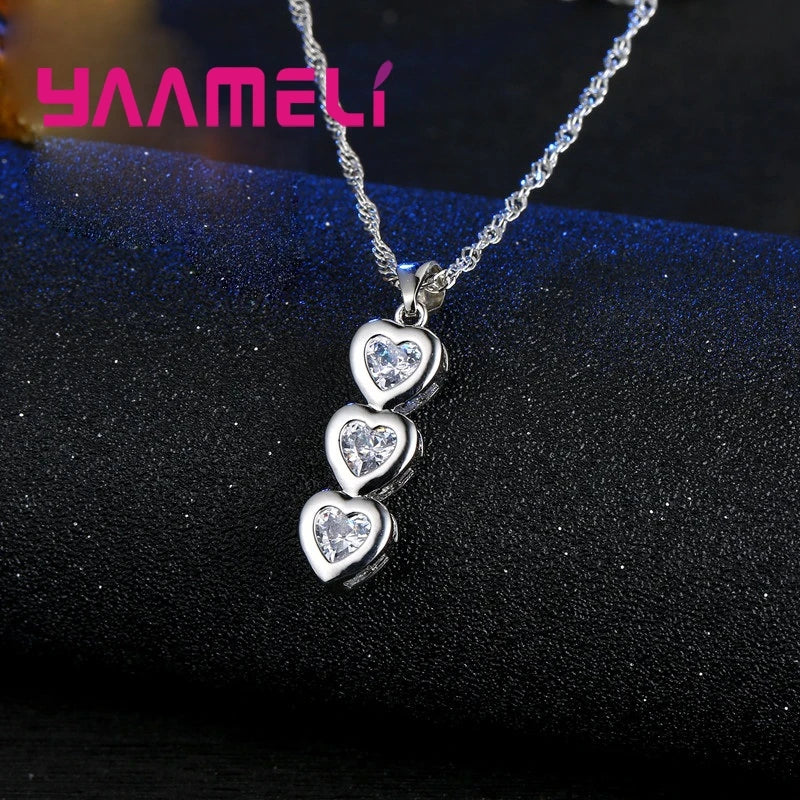 Romantic Gifts Jewelry Sets Shiny 925 Sterling Silver Color CZ Crystal Hearts Cubic Zircon Stones Pendant Necklace Earrings Qme