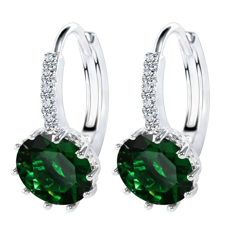 Big Sale 925 Sterling Silver Color Loop Hoop Earrings Candy Color Cubic Zircon Charms Women Jewelry Wedding Accessory Brincos Qme Green round