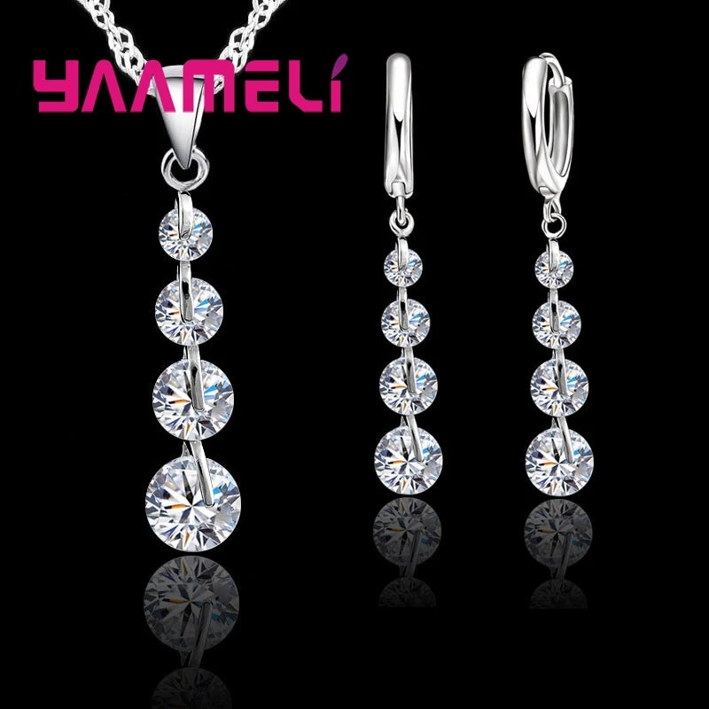 Fashion Bridal Jewelry Set For Women Lady Tassel Cubic Zircon 925 Sterling Silver Color Pendant Necklace Earrings Wedding Gift Qme White