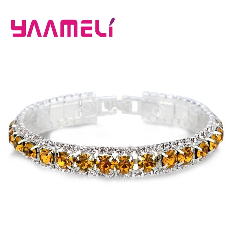Top Sale 925 Stamp Silver Color Bracelets Full AAA Zircon Austrian Crystal Femme Women Link Chain Jewelry Bangles 14 Colors Qme Orange