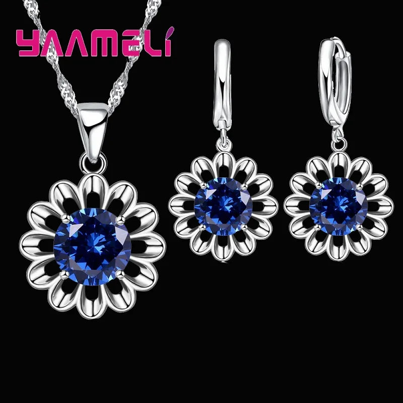 New Fashion Wedding Jewelry Set Women Top Quality 925 Sterling Silver Color Crystal Pendant Necklace Hoop Earring Big Promotion Qme Blue