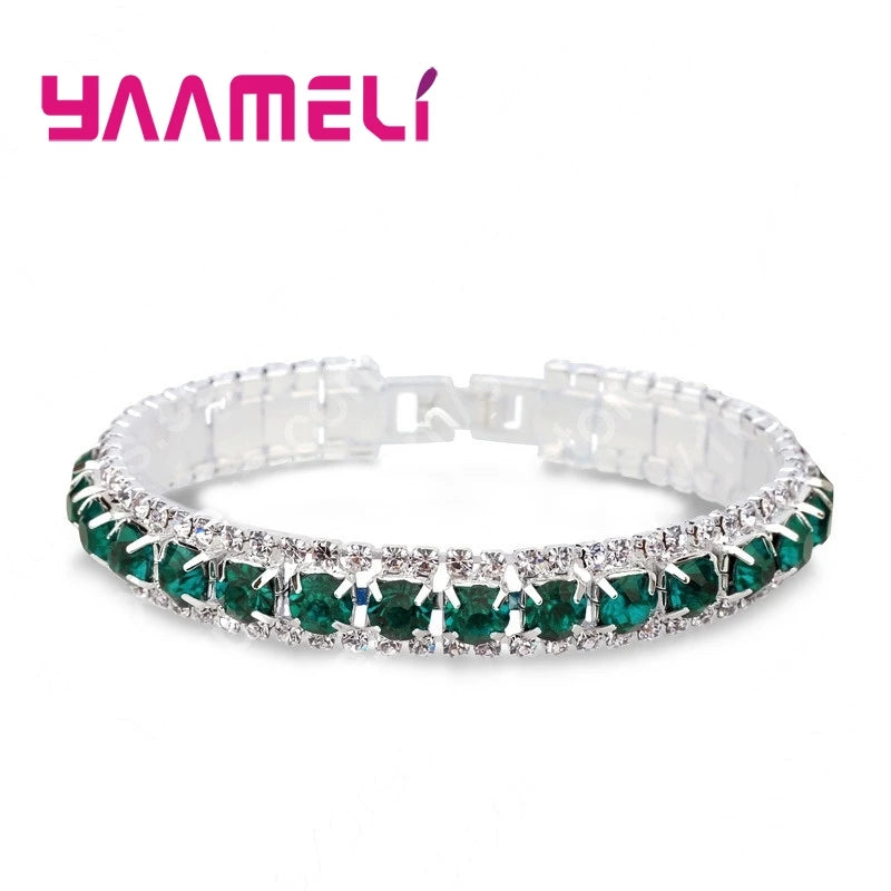 Top Sale 925 Stamp Silver Color Bracelets Full AAA Zircon Austrian Crystal Femme Women Link Chain Jewelry Bangles 14 Colors Qme Dark green