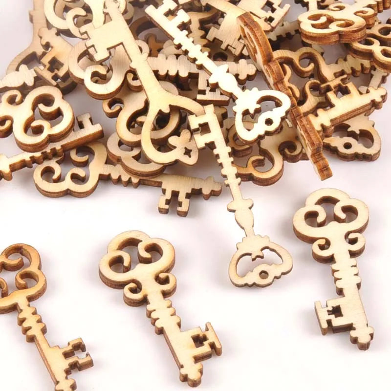 25Pcs Wooden Ornament Mixed Key Pattern DIY Crafts Home Decoration Scrapbooking Unfinished Wood Slices Accessories 16x36mm m1773 Qme