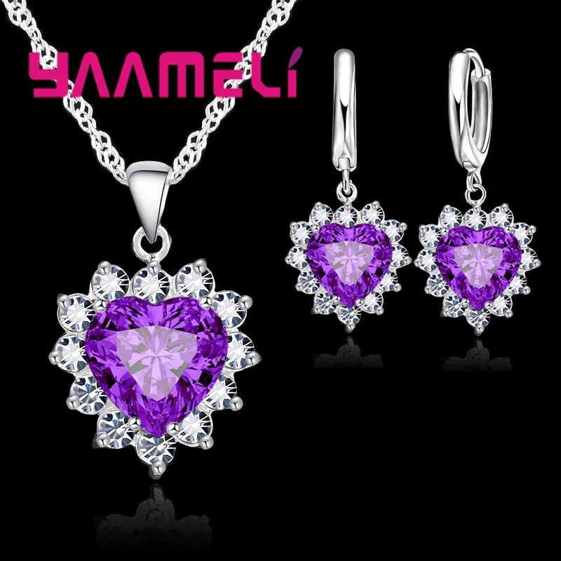 Trendy Jewelry Set for Women 925 Sterling Silver Color Heart CZ Stone Charm Pendants Necklaces Earrings LOVE Anniversary Gift Qme Purple