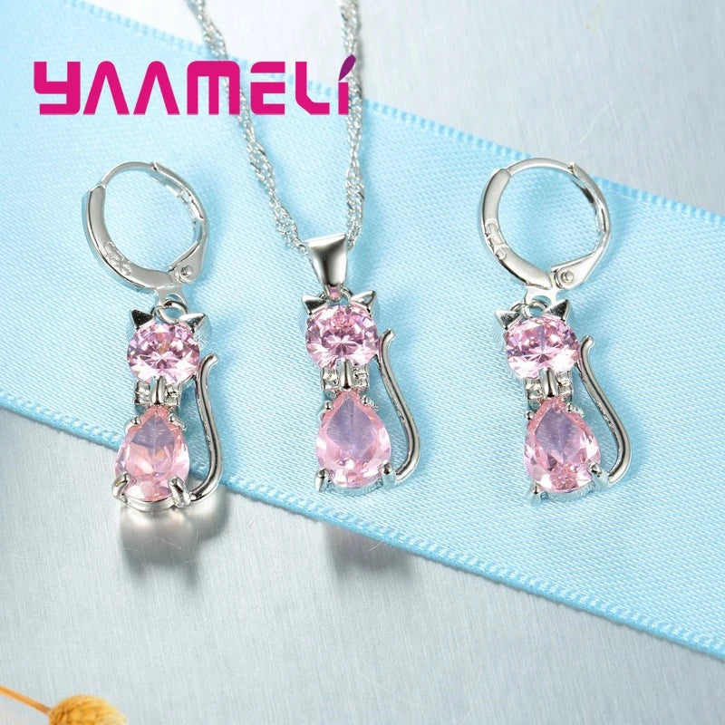 Real 925 Sterling Silver Color Jewelry Sets for Woman Girls Shining Austrian Crystal Cute Cat Pendant Necklace Huggie Earring Qme