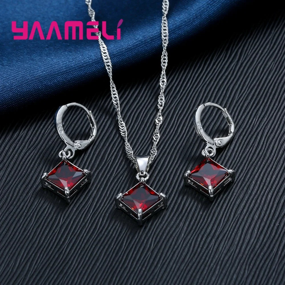 Authentic 925 Sterling Silver Color CZ Geometric Classic Square Huggie Earrings Necklace Sets for Women Fine Jewelry Qme