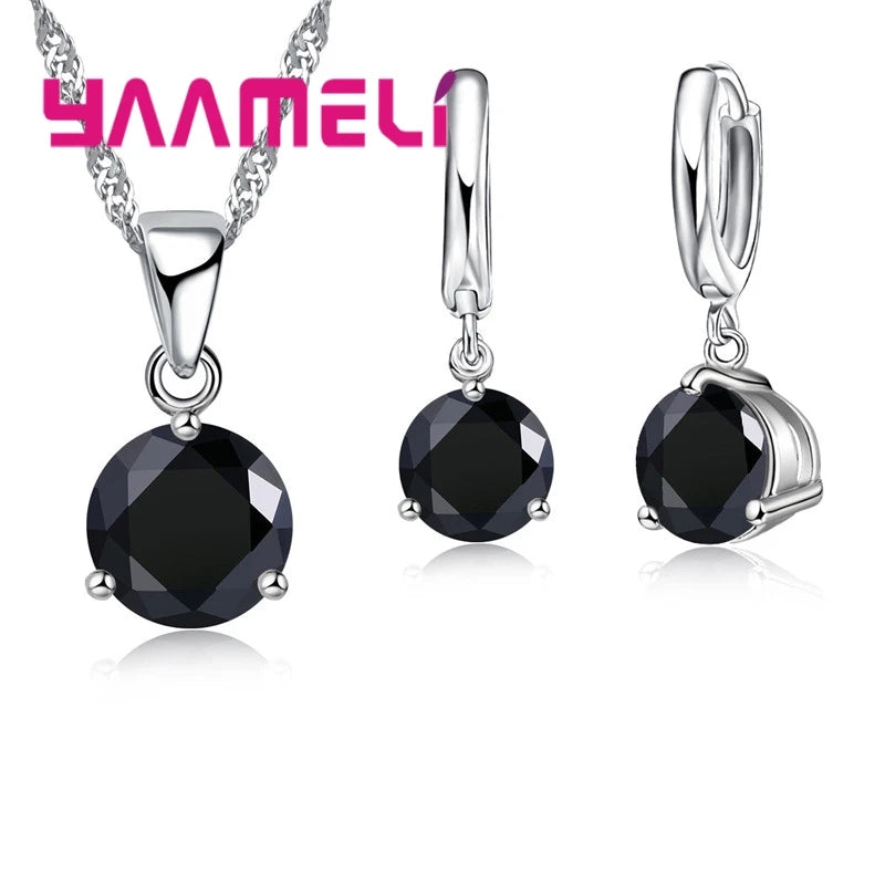 Candy Color Wedding Elegant Jewelry Sets 925 Sterling Silver Color Crystal Pendant Collar Necklace Earrings Qme Black