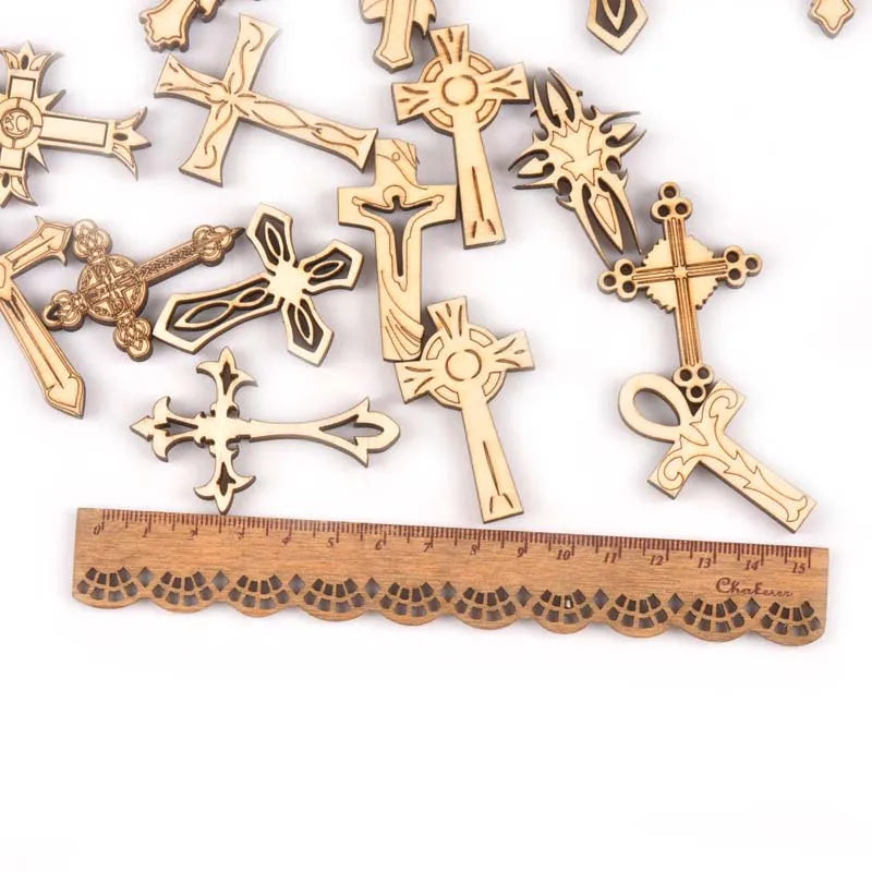 New 10pcs Mixture Retro Cross Wooden Ornaments Pattern Scrapbooking Crafts DIY Wood For Home Decoration Embellishments m2163 Qme