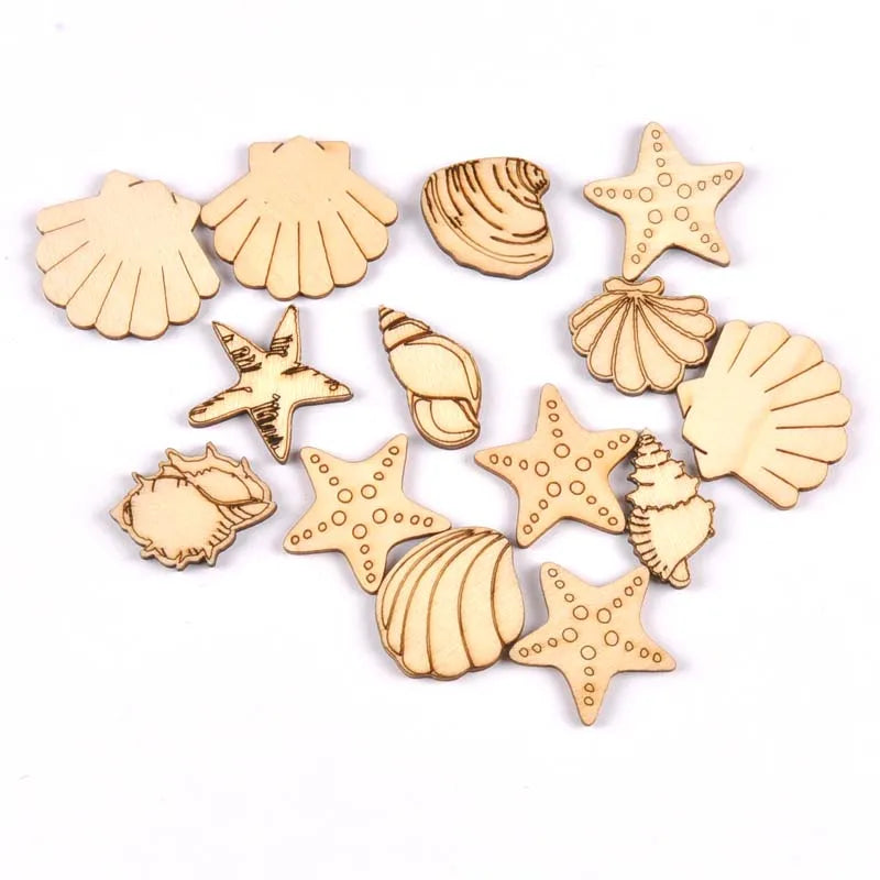 20pcs 25-35mm Seashell/starfish Pattern Natural Wood DIY Crafts Home Decor Scrapbooking Unfinished Wooden Ornaments m1935 Qme