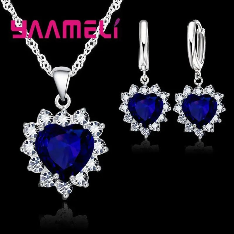 Trendy Jewelry Set for Women 925 Sterling Silver Color Heart CZ Stone Charm Pendants Necklaces Earrings LOVE Anniversary Gift Qme