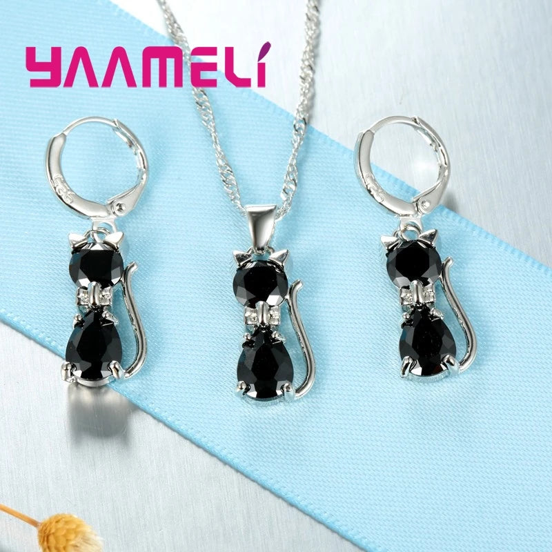 Real 925 Sterling Silver Color Jewelry Sets for Woman Girls Shining Austrian Crystal Cute Cat Pendant Necklace Huggie Earring Qme
