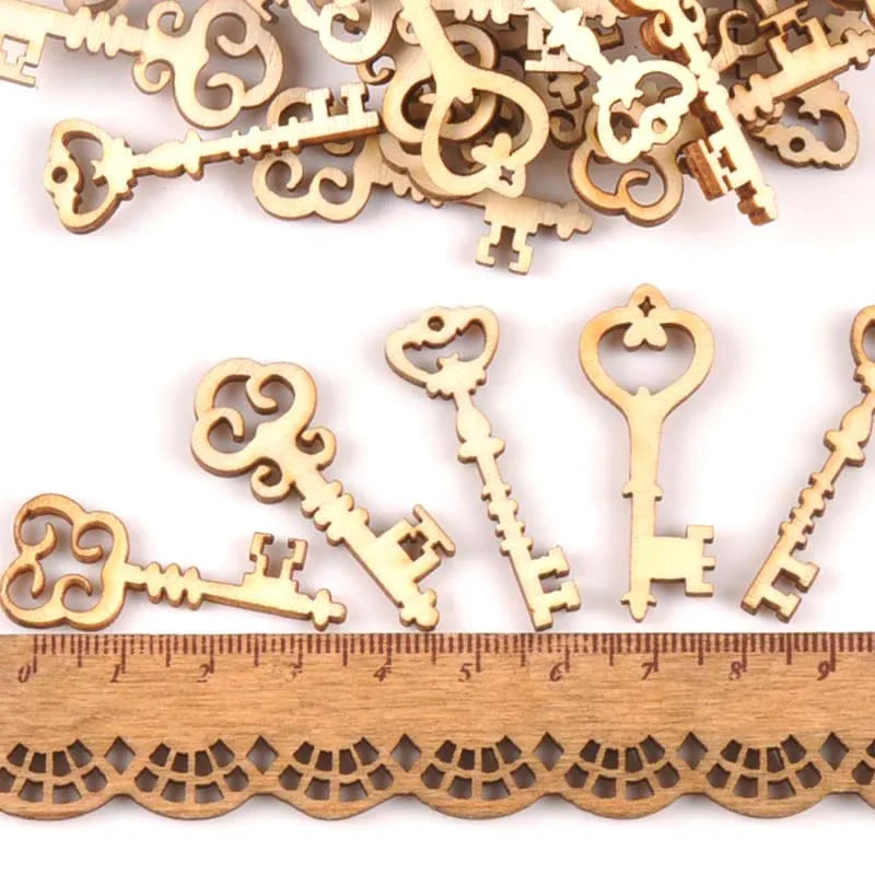 25Pcs Wooden Ornament Mixed Key Pattern DIY Crafts Home Decoration Scrapbooking Unfinished Wood Slices Accessories 16x36mm m1773 Qme