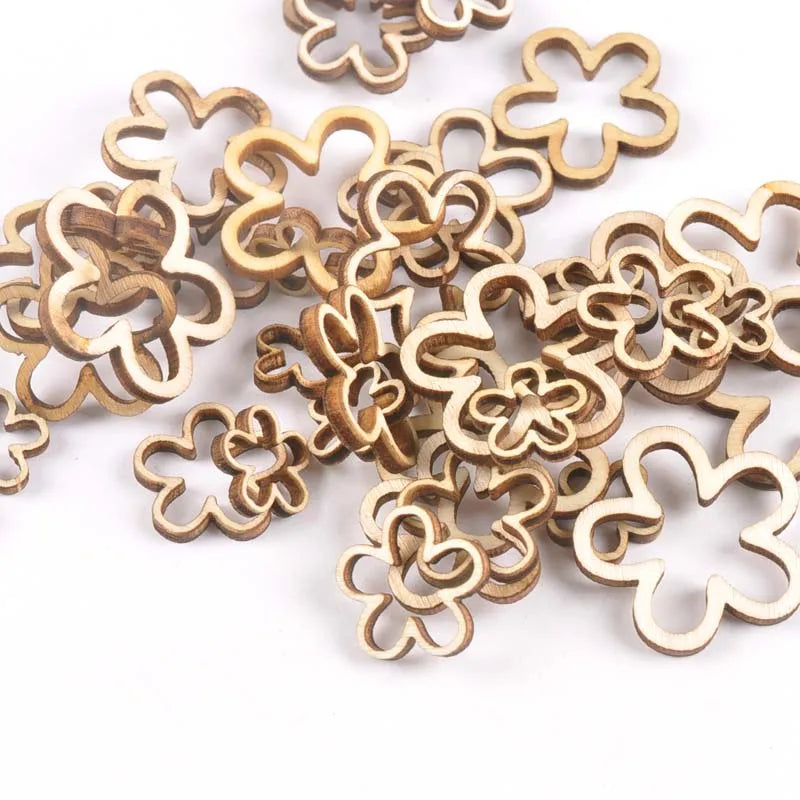 50pcs 15-30mm Hollow Flower Shape Wood For Scrapbooking Handmade DIY Carfts Wooden Embellishment Home Decor Orname m2179 Qme