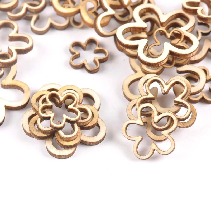50pcs 15-30mm Hollow Flower Shape Wood For Scrapbooking Handmade DIY Carfts Wooden Embellishment Home Decor Orname m2179 Qme 20mm