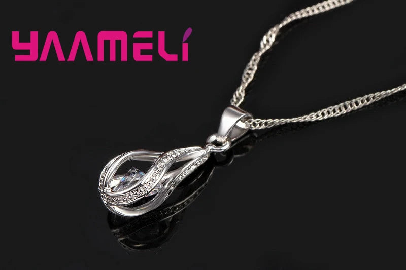 Hot Water Drop CZ 925 Sterling Silver Plated Jewelry Set For Women Pendant Necklace Hoop Earrings Wedding Party Ceremoey Anel Qme