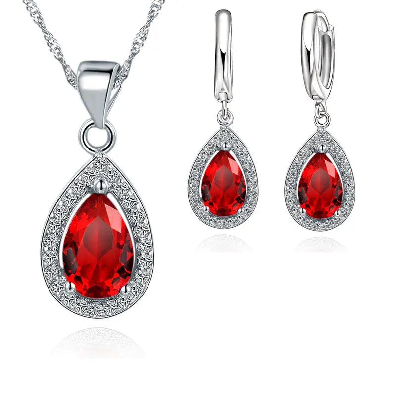 Classic 925 Sterling Silver Color Women Waterdrop Crystal Pendant Necklaces Drop Earring Set Wedding Bridal Jewelry Sets Qme