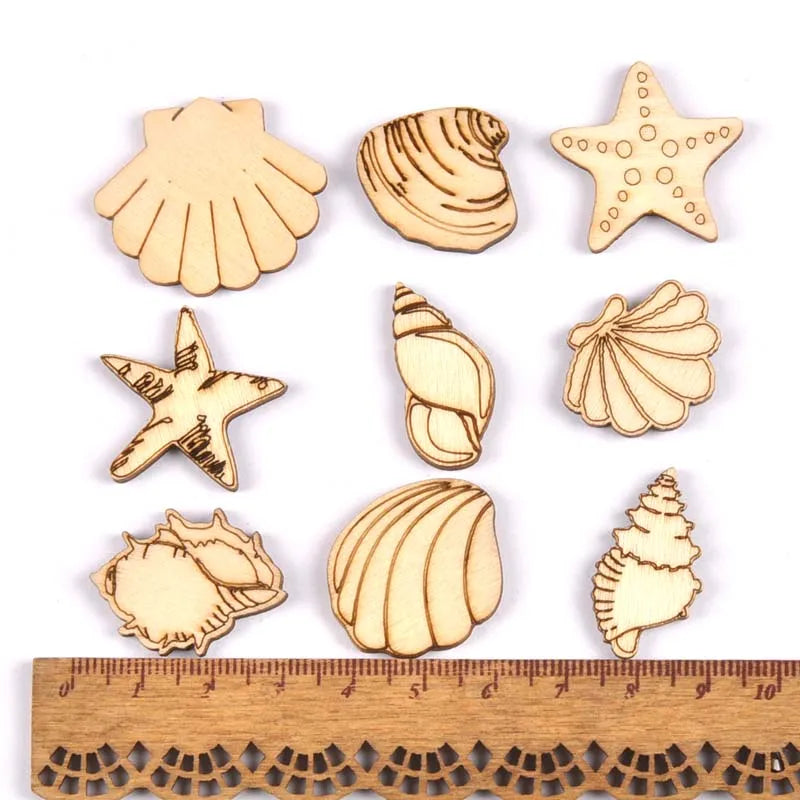 20pcs 25-35mm Seashell/starfish Pattern Natural Wood DIY Crafts Home Decor Scrapbooking Unfinished Wooden Ornaments m1935 Qme