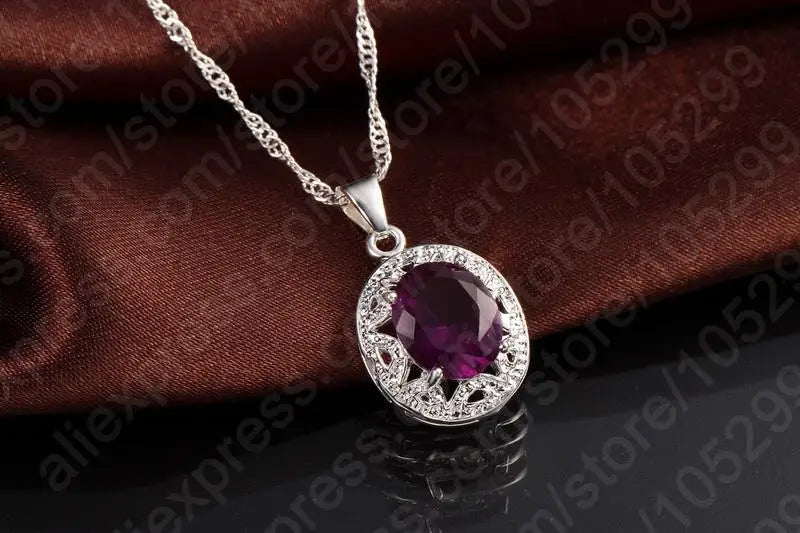 Elegant Women 925 Sterling Silver Color Purple Crystal Pendants Necklaces Earring Ring Set for Wedding Engagement Jewelry Gift Qme