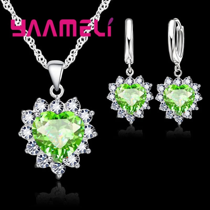 Trendy Jewelry Set for Women 925 Sterling Silver Color Heart CZ Stone Charm Pendants Necklaces Earrings LOVE Anniversary Gift Qme Light Green