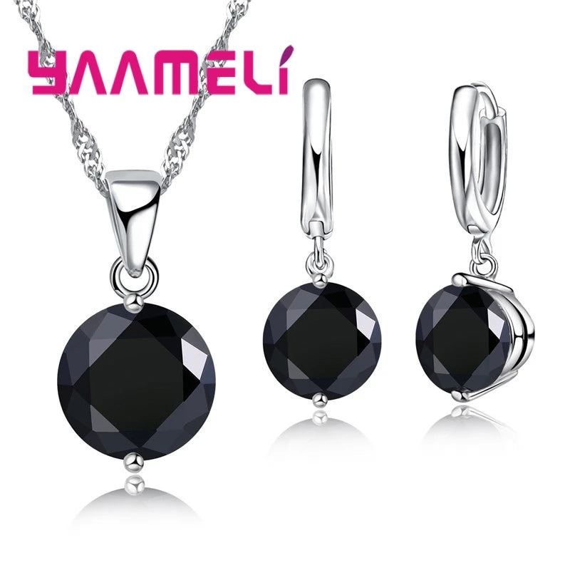 925 Sterling Silver Color Pendant Necklace Huggie Earrings Sets for Wedding Engagement Austrian CZ Crystal Women Girl Gifts Qme