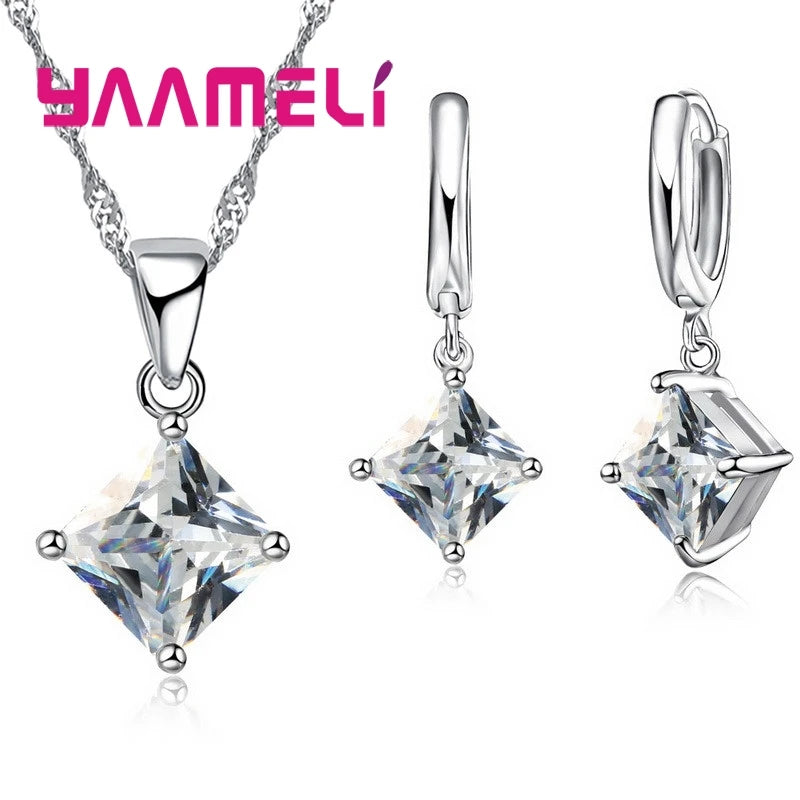 New Fashion Women Pendants Necklace Simple Geometry Square Earrings Crystal 925 Sterling Silver Color Jewelry Sets for Wedding Qme White