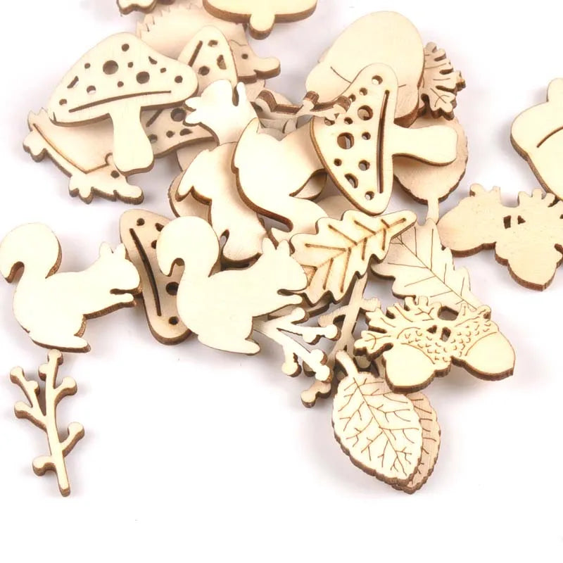 Mix Mushroom/hedgehog/squirrel/Pine Cones/leaves Pattern Wooden Ornament Wood For Scrapbooking DIY Carfts Home Decor 20pcs m2154 Qme