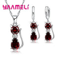 Real 925 Sterling Silver Color Jewelry Sets for Woman Girls Shining Austrian Crystal Cute Cat Pendant Necklace Huggie Earring Qme Red