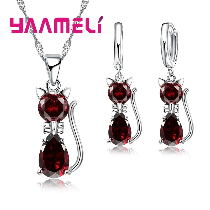 Real 925 Sterling Silver Color Jewelry Sets for Woman Girls Shining Austrian Crystal Cute Cat Pendant Necklace Huggie Earring Qme Red