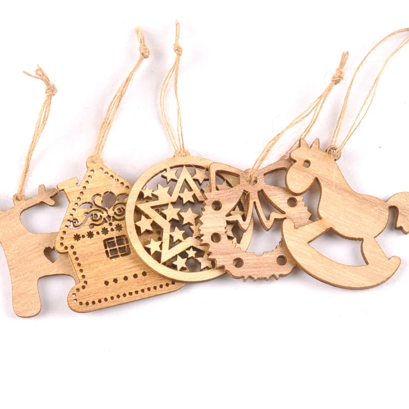 10pcs Christmas Tree Ornament Wooden Hanging Pendants house wreath Bell Elk Star Christmas Decorations for Home m2129 Qme