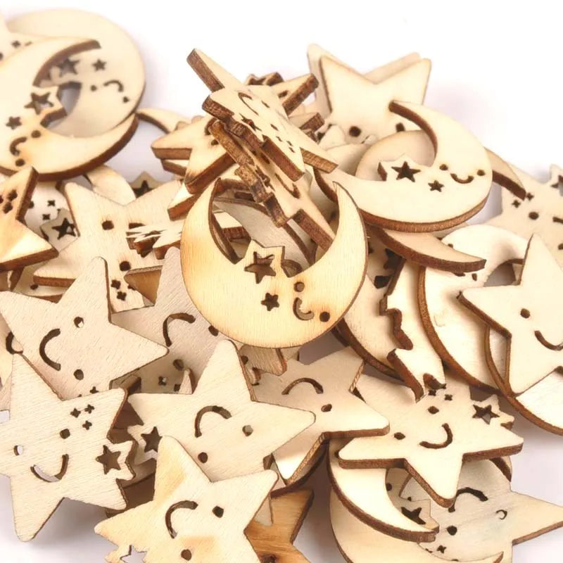 24-27mm 25Pcs Wooden Ornament Moon And Star Pattern For DIY Crafts Scrapbook Accessories Handmade Wood Slices Home Decor M1704 Qme