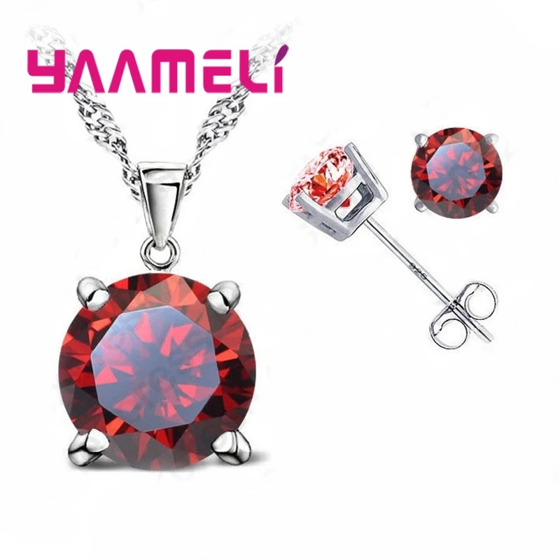 Fast Shipping 925 Serling Silver Color Shiny Cubic Zirconia Necklace Pendant Earrings Women Big Round Crystal Jewelry Sets Qme
