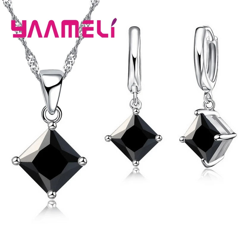 New Fashion Women Pendants Necklace Simple Geometry Square Earrings Crystal 925 Sterling Silver Color Jewelry Sets for Wedding Qme