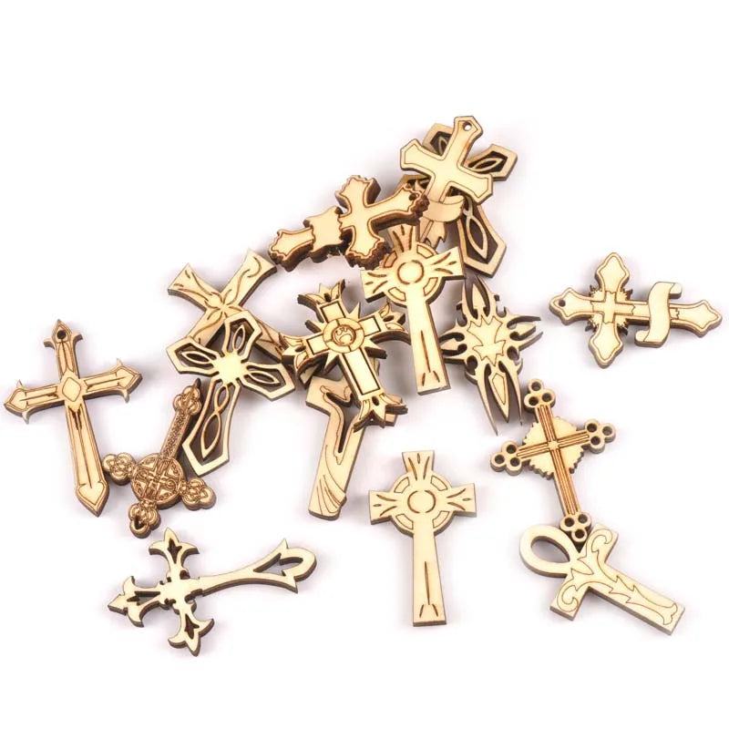 New 10pcs Mixture Retro Cross Wooden Ornaments Pattern Scrapbooking Crafts DIY Wood For Home Decoration Embellishments m2163 Qme