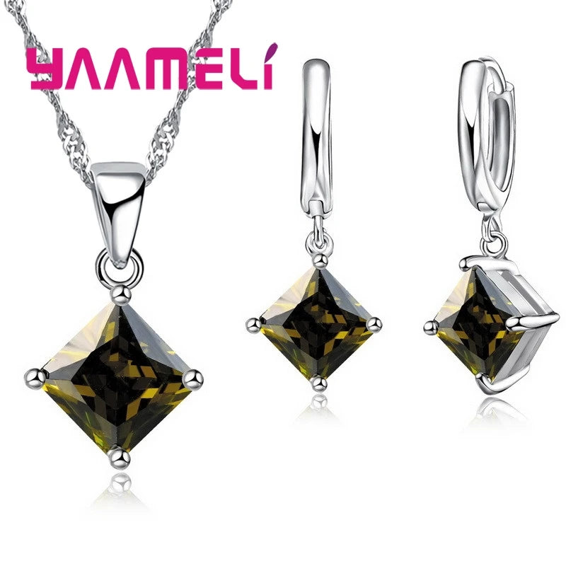 New Fashion Women Pendants Necklace Simple Geometry Square Earrings Crystal 925 Sterling Silver Color Jewelry Sets for Wedding Qme Olive