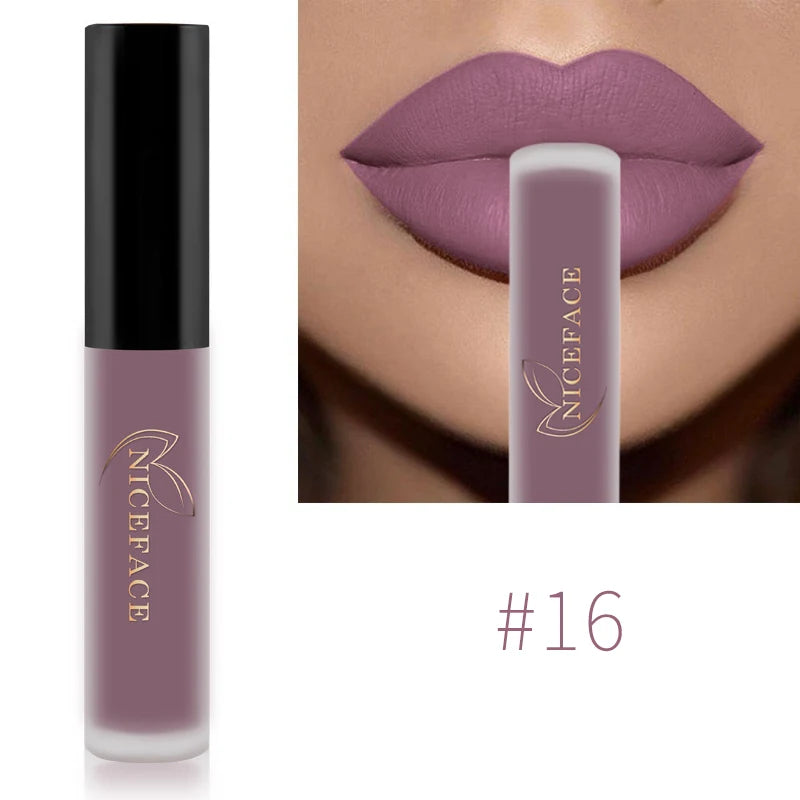 NICEFACE Lip Gloss Waterproof Matte Liquid Lipstick Long Lasting Velvet Lipgloss Tint Tube Nude Pigment Lip Makeup Cosmetics Qme 16