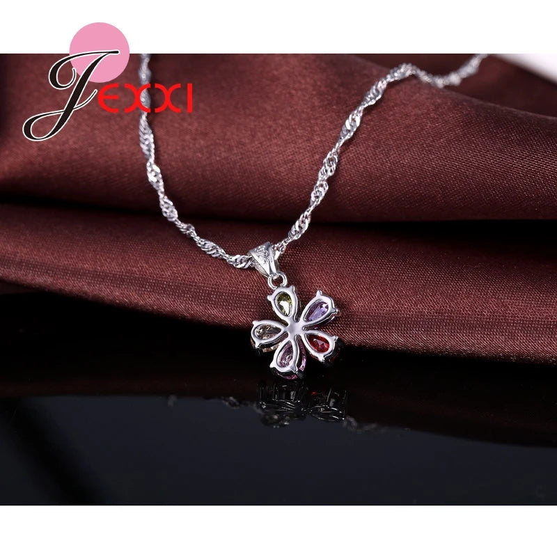Flowers Shinning Colorful CZ Crystal Pendant Jewelry Sets Gift 925 Sterling Silver Color Necklace Dangle Hoop Earring Qme