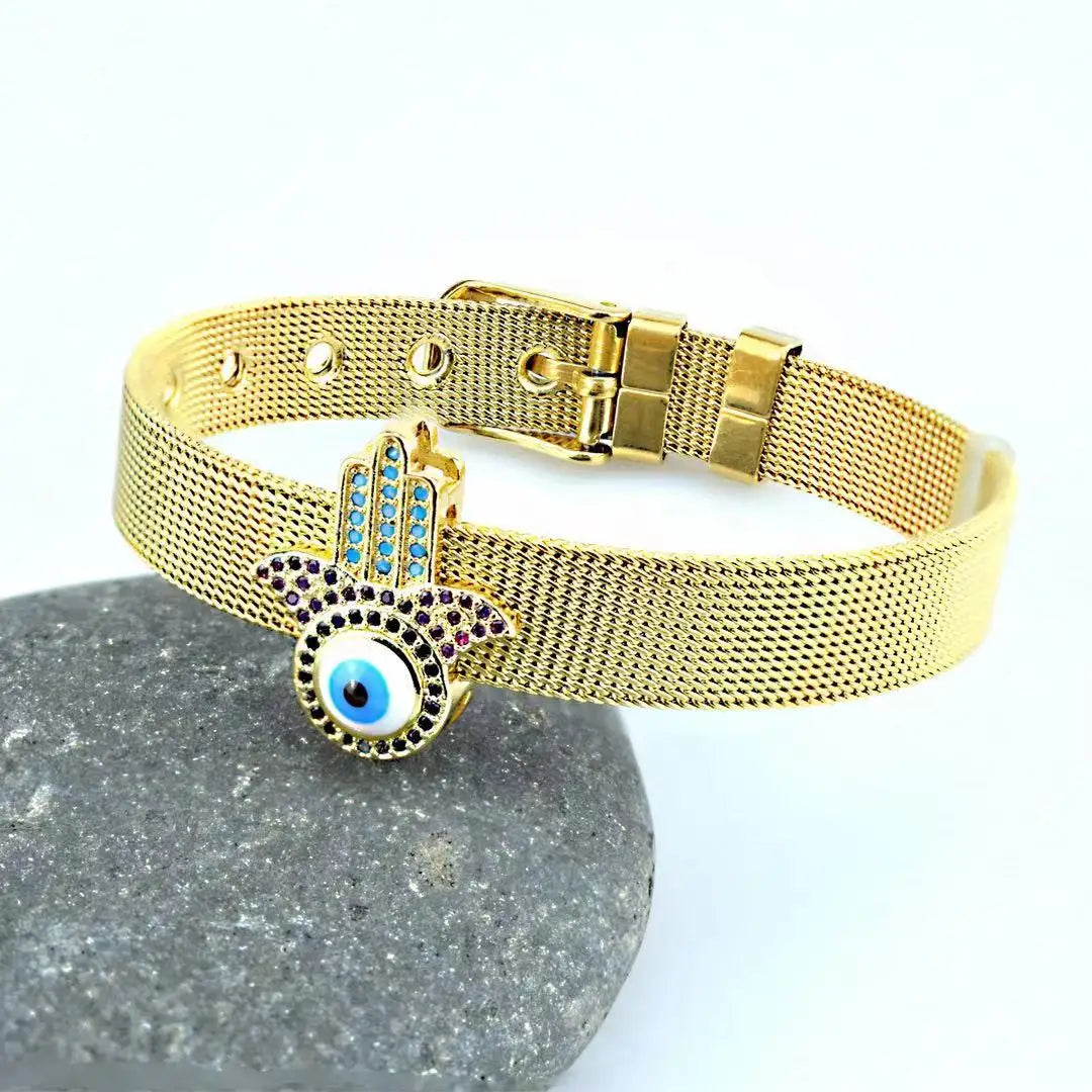 Simple fashion love palm evil eye stainless steel strap bracelet inlaid with colored diamonds zircon men and women jewelry gifts Qme 1 Gold