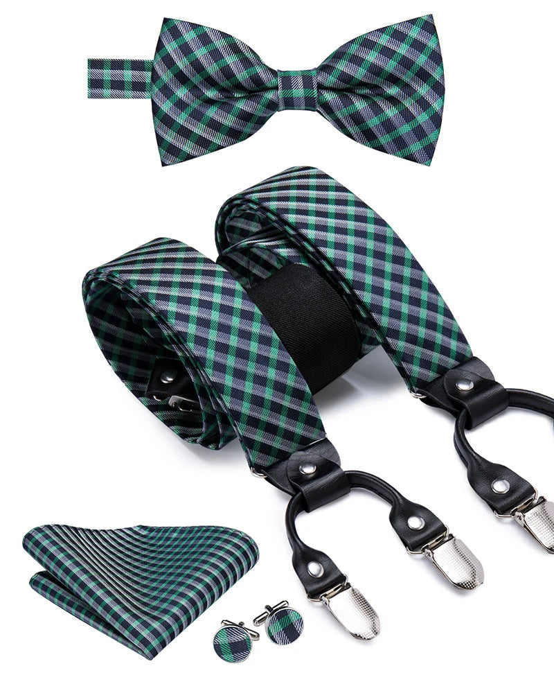 Hi-Tie Silk Men's Suspender Metal 6 Clips on Braces Bow Tie Hankerchief Cufflinks Male Wedding Party Business Vintage Adjustable Qme BD-3024