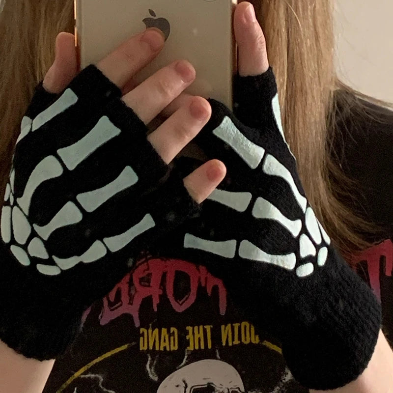Punk Gloves Unisex Halloween Skeleton Skull Half Finger Glow Dark Qme
