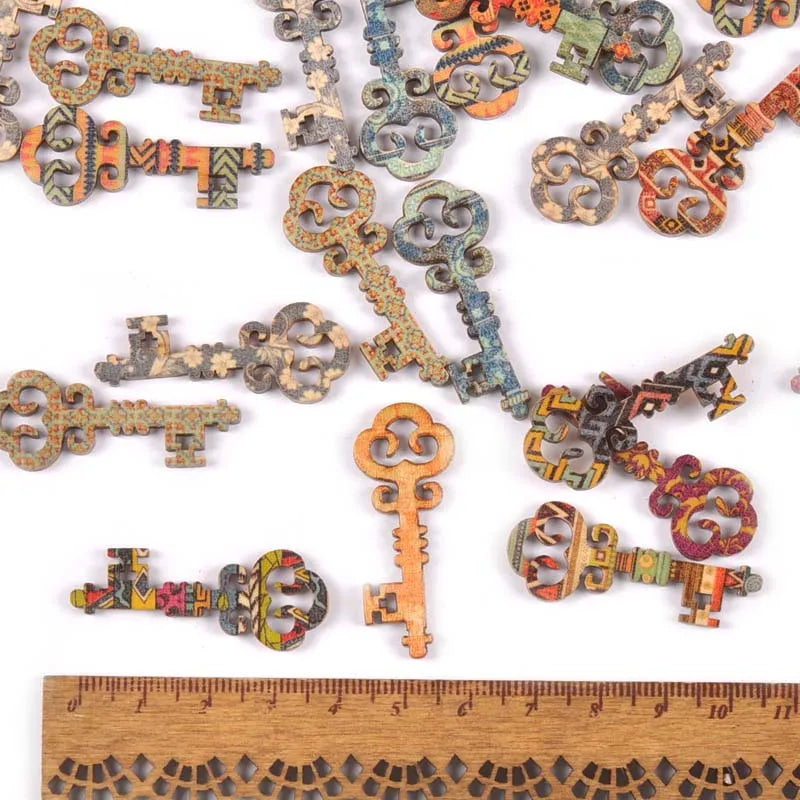 16x40mm 25pcs Mixed Painting Key Wood Slices DIY Scrapbooking Home Decor Accessories Handmade Supplies Wooden Ornaments m1971 Qme