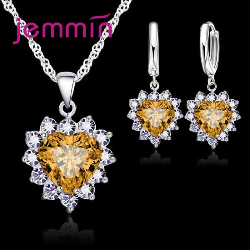 Top Sale Wding Engagement Anniversary Gift Jewelry Sets 925 Silver Color Stamped Heart Pendant Hoop Earrings for Women Girls Qme Champagne