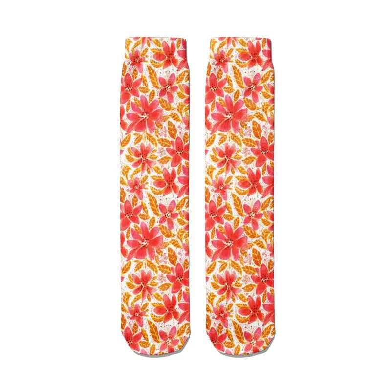 Women Nylon Long Socks 3D Print Cartoon Harajuku Heart Funny Tube Red Qme style4 One Size China Mainland
