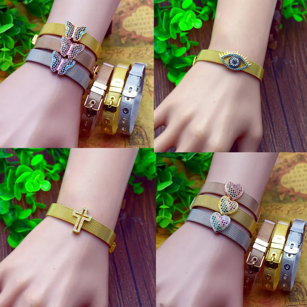 Simple fashion love palm evil eye stainless steel strap bracelet inlaid with colored diamonds zircon men and women jewelry gifts Qme