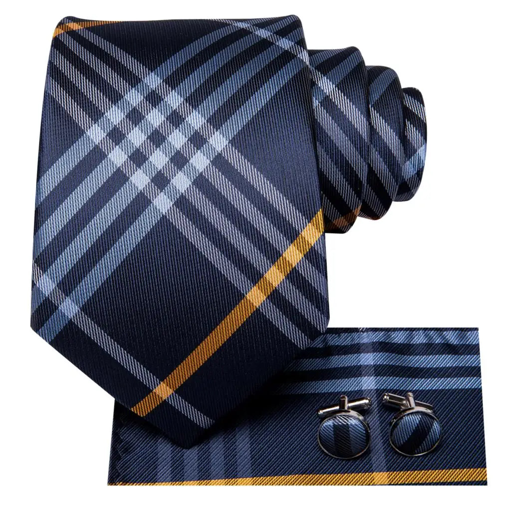 Designer Wedding Tie Men Blue White Plaid Handky Cufflink Red Gray Qme