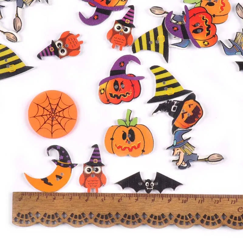 50Pcs Halloween Skull/pumpkin Flatback Wooden Buttons For DIY Scrapbooking Crafts Sewing Clothing Accessories Home Decor m2718 Qme