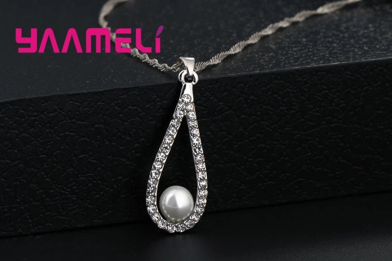 Pure 925 Sterling Silver Color CZ Crystal Water Drop Pearl Necklaces Pendant Chain Earrings Woman Fine Wedding Jewelry Set Gift Qme