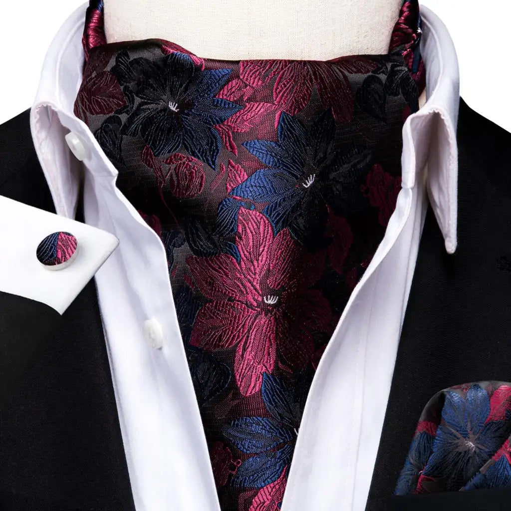 Hi-tie Silk Men's Ascot Pocket Square Cufflinks Jacquard Floral Qme AS-1055